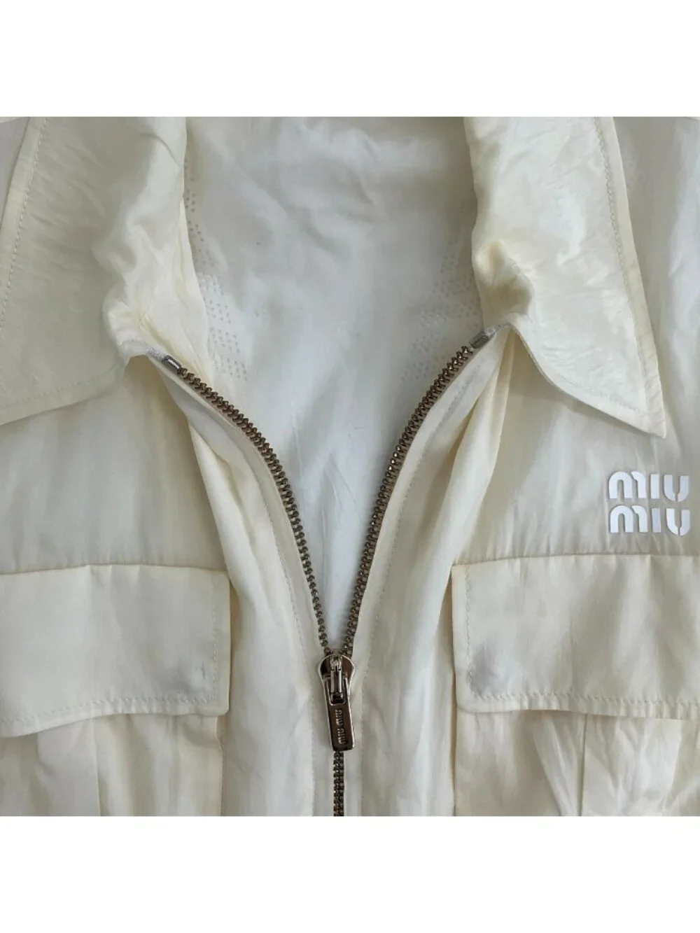 Miu Miu Logo Technical Silk Cropped Jacket Ivory 38